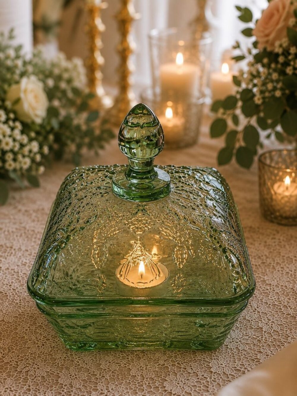Vintage Tiara Chantilly Green Bee Box by Indiana Glass | Covered Candy Dish | Co